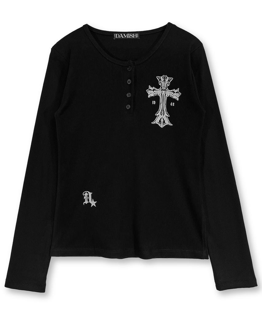 Damiswi Gothic Cross Henley Neck Long Sleeve_Black