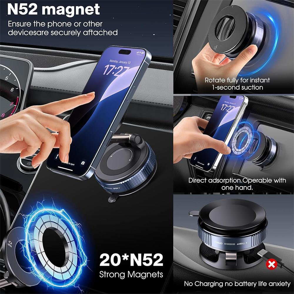 Upgraded 360°Vacuum Magnetic Phone Holder Magnetic Car Phone Mount, Hands-Free Suction Cup Phone Holder for Car/Gym/Mirror