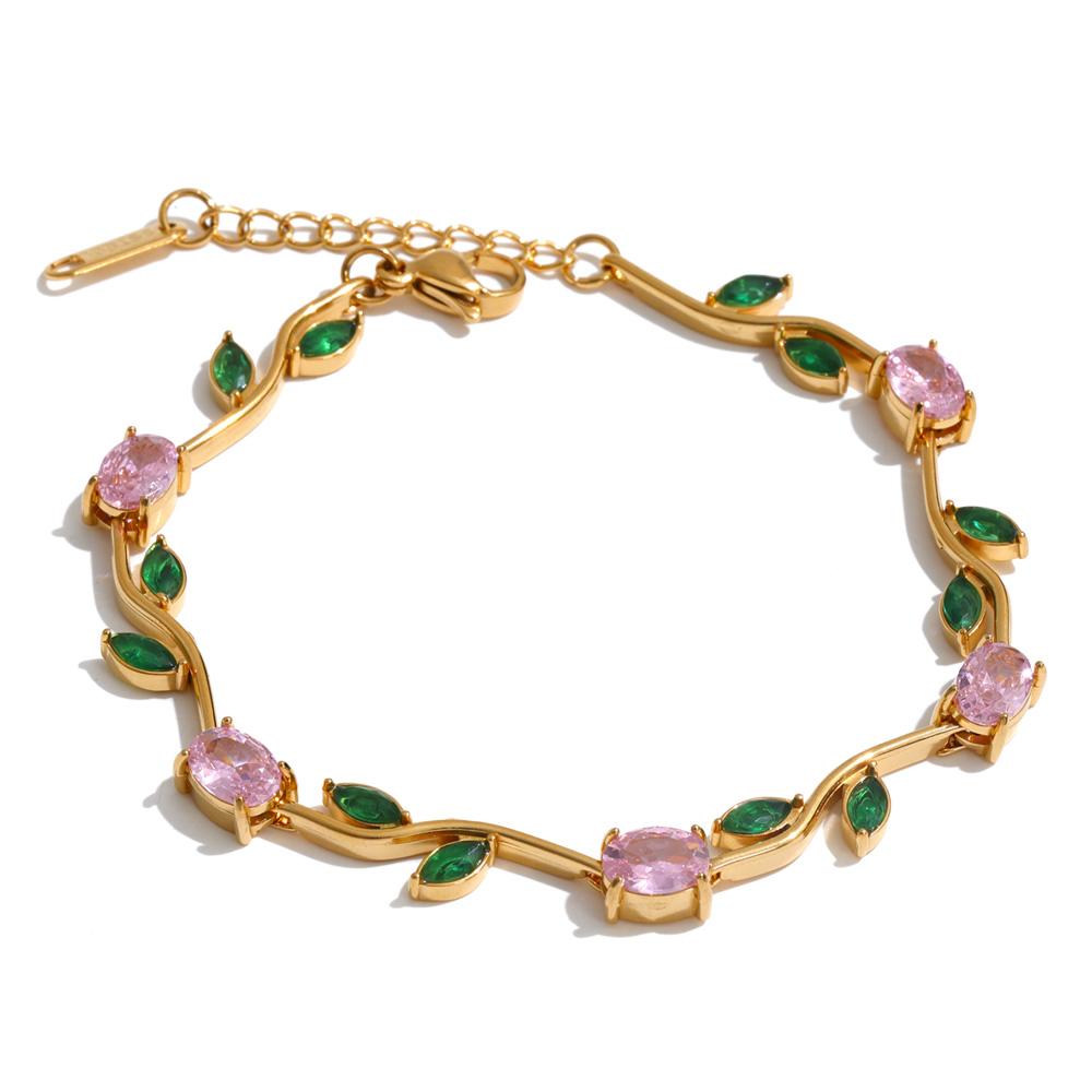 JINYOU 8556 Fashion Stainless Steel Jewelry Set Green pink Cubic Zirconia Necklace Stainless Steel Gold Plated Chain Bracelet