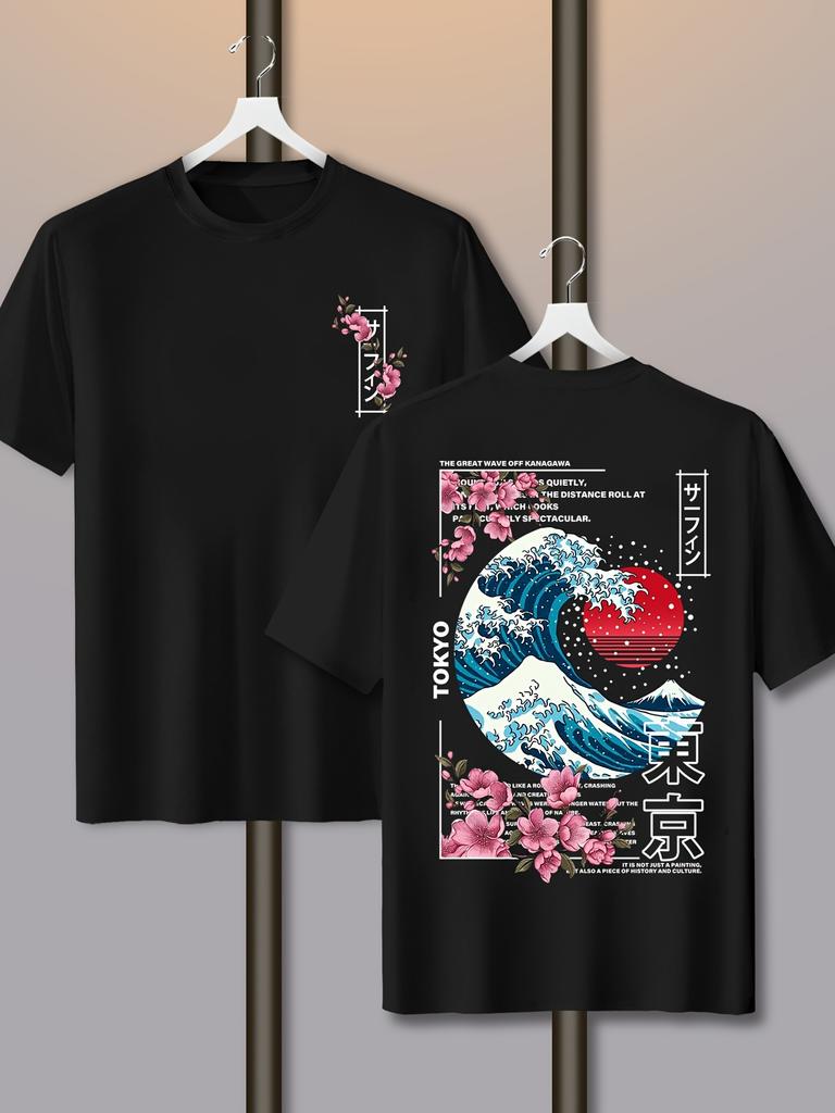 Mens Casual Tokyo Island Sunset Wave Print 100 Cotton Tshirt Shortsleeved Summer Breathable Street Trend Loose Comfortable