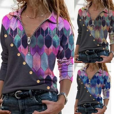 Women Button Print Shirts Pile Turn-Down Tops Fashion T-shirt