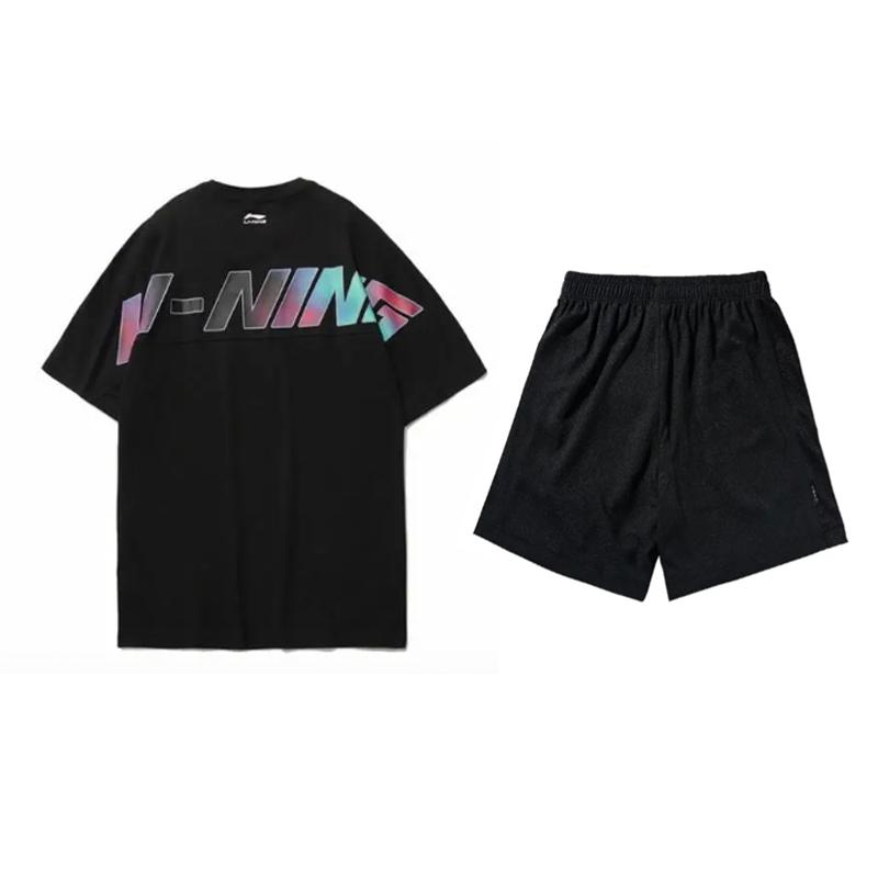 Li-Ning Summer Mens Short Sleeve Shorts Versatile Fashion Trendy Skin-Friendly Breathable Casual Sports Suit Men suit Black AHSU997-2+AKSW611-1