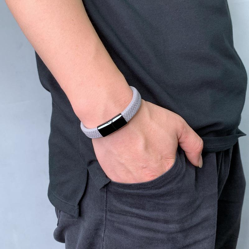 Punk Gray Leather Bracelet Men Stainless Steel Clasp Bangles Men's Bracelets Wristband Jewelry Gift