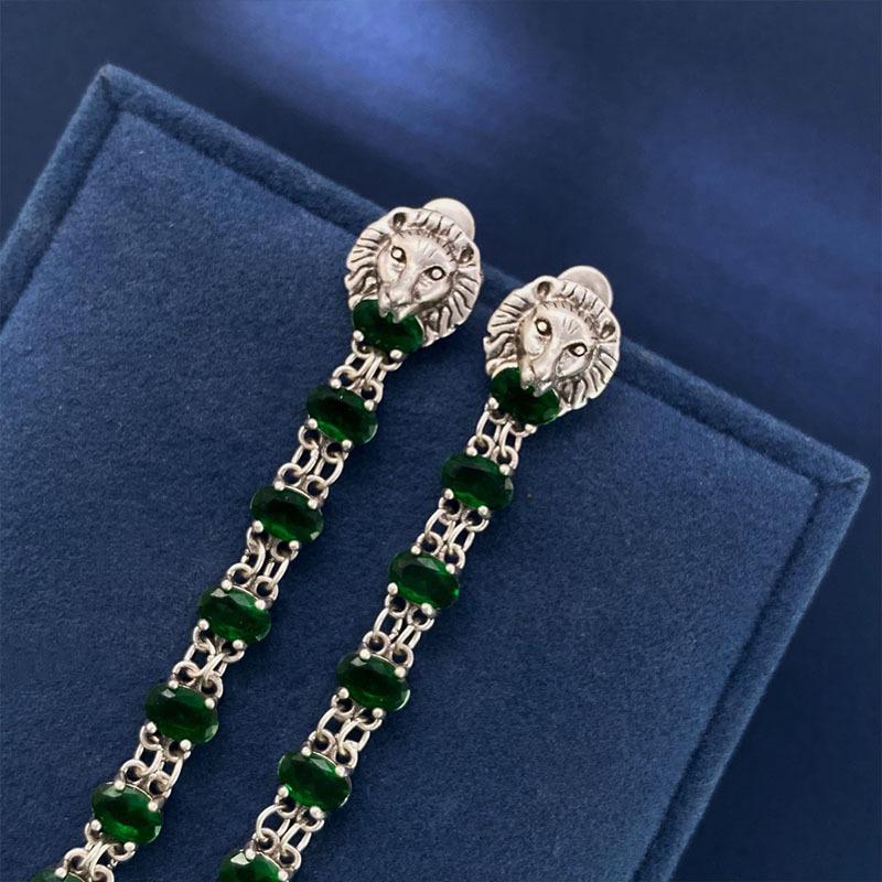 Mittelalterliche Ohrringe Damenstil Smaragdstein Lange Löwenkopf Ohrstecker Übertrieben Retro Ohrringe