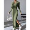 Women Sexy Knit V-neck Reverse Neck Split Dress Autumn Winter Full Sleeve Elastic Basic Body Sweater