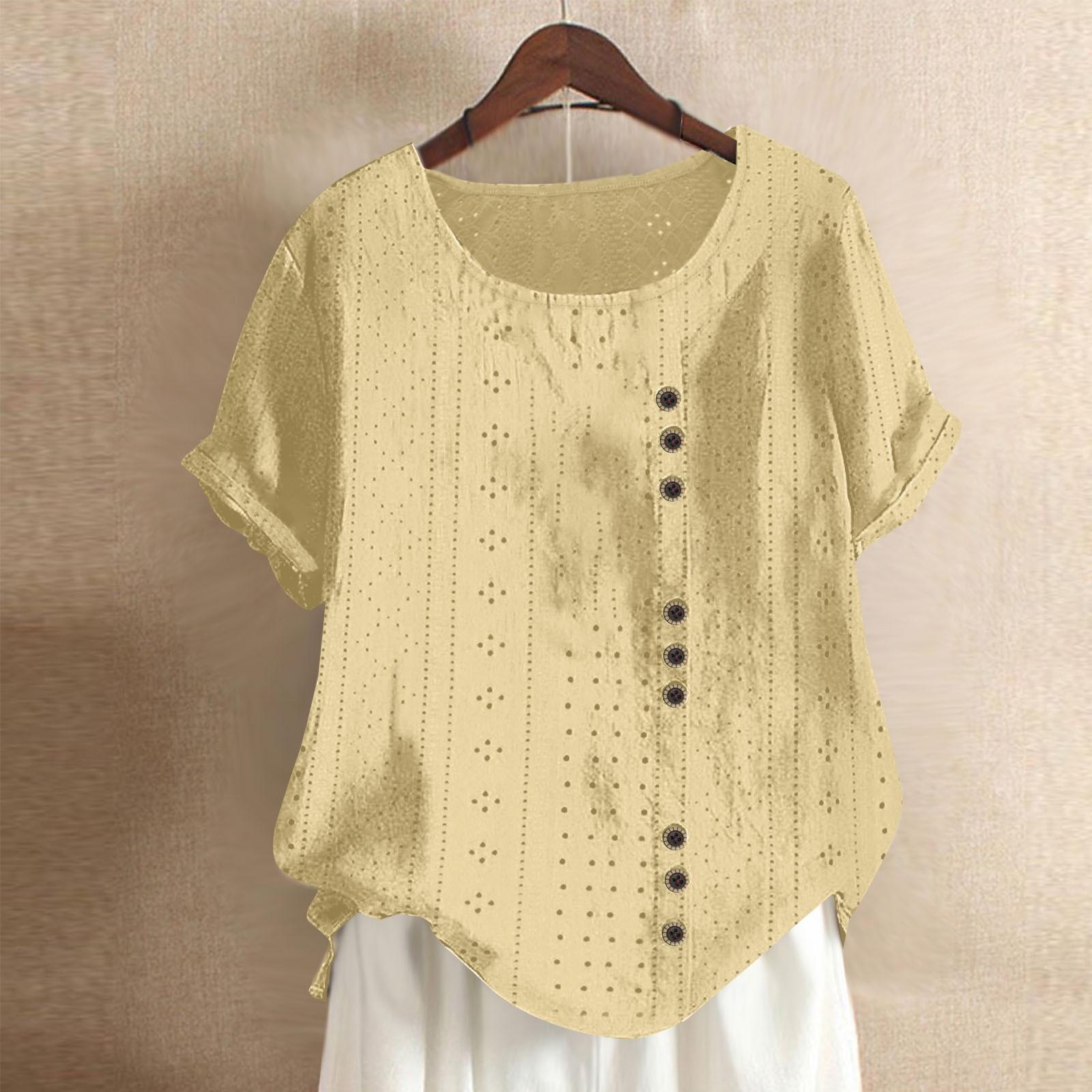 

Женский однотонный свободный топ на пуговицах с короткими рукавами и круглым вырезом XL жёлтый