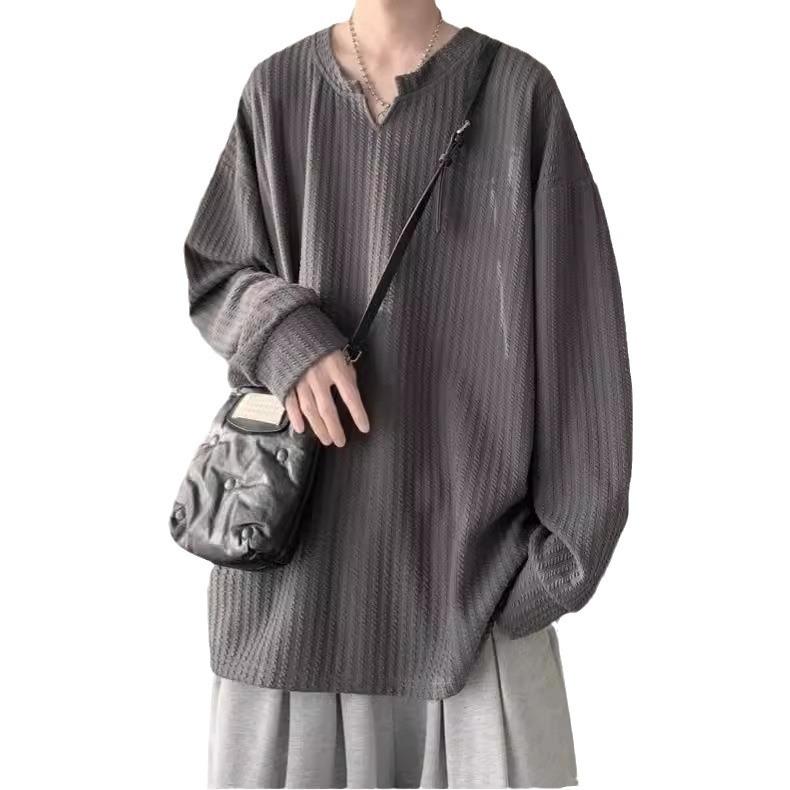 Autumn Korean Streetwear T-shirt for Men Fashion Brand Hip Hop Baggy Tops Casual Solid Color Male Loose Long Sleeve Tees