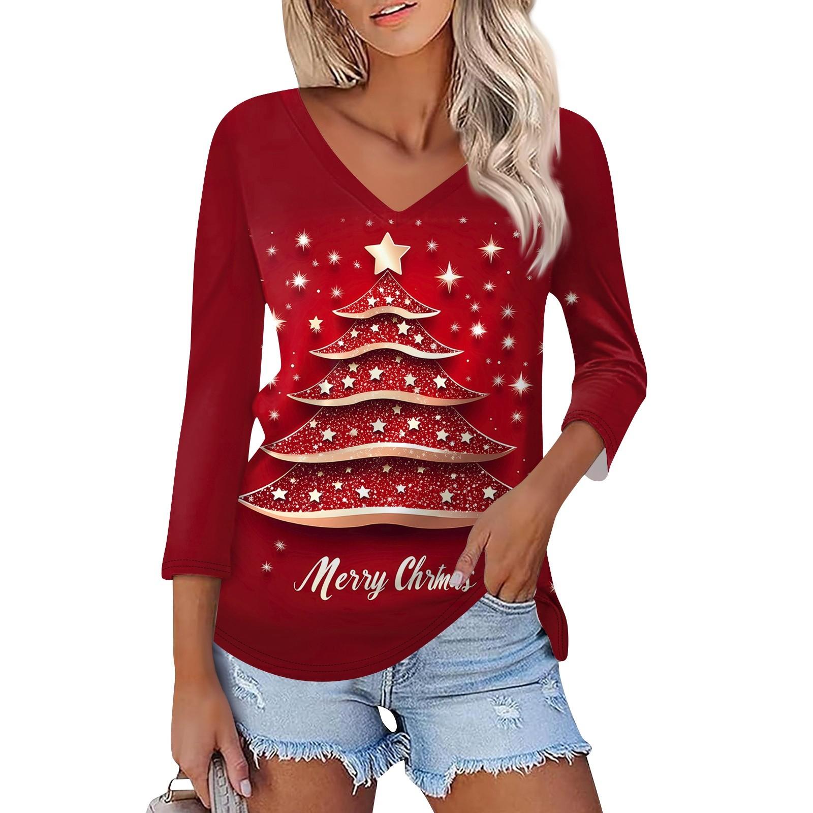 

Рубашка для женщин, модная, повседневная, с V-образным вырезом, рукавом 3/4, свободная, с рождественским принтом, женская футболка, топ S красный