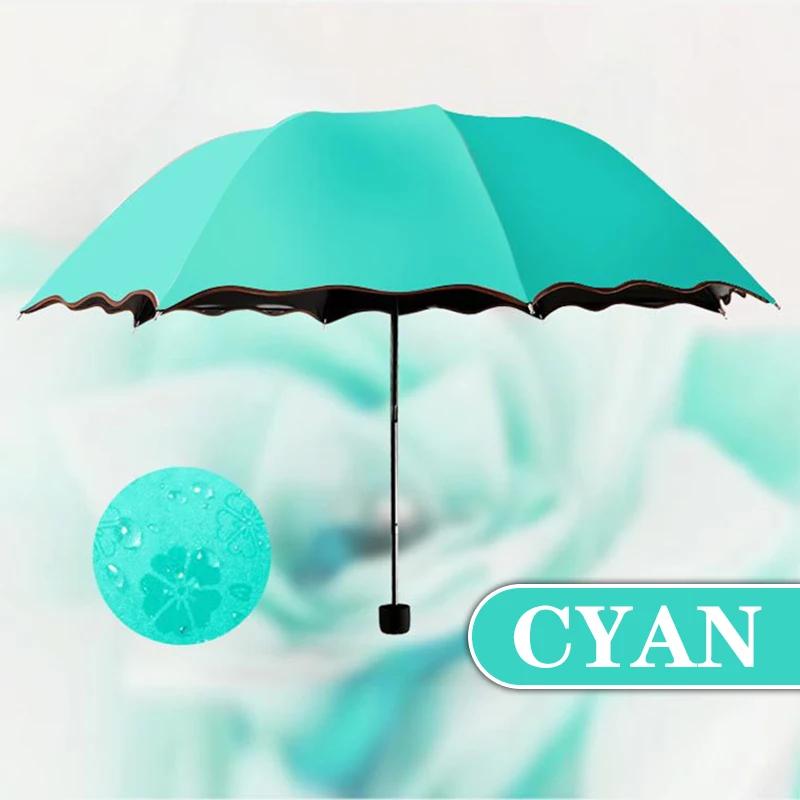 Ladies sunshine Umbrella Blossoms In Water Changes Color Parasol Umbrella Triple Fold Black Rubber Sunscreen UV Woman Umbrellas озеро зеленый
