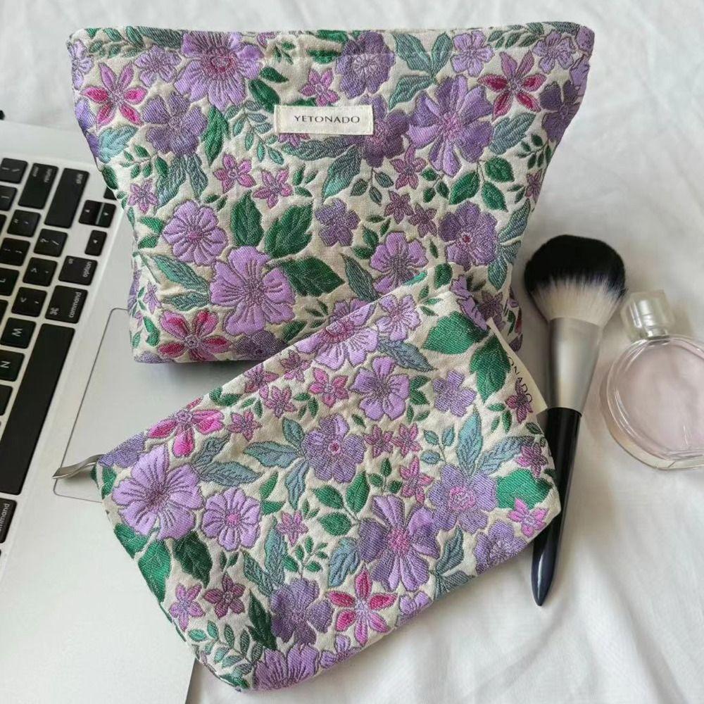Polyester Canvas Flower Clutch Bag Flower Pattern Zipper Closure Makeup Bag Large Capacity Portable Travel Toiletry Bag
