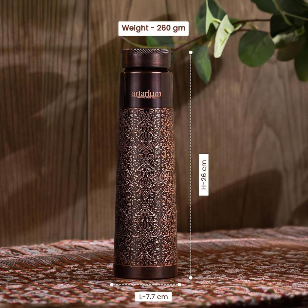 Copper Water Bottle 1 Litre Antique Floral Design Leak Proof