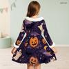 Girls High Neck Long Sleeve Furry Trim Printed Witch Frog Pattern A Line Flared Dress