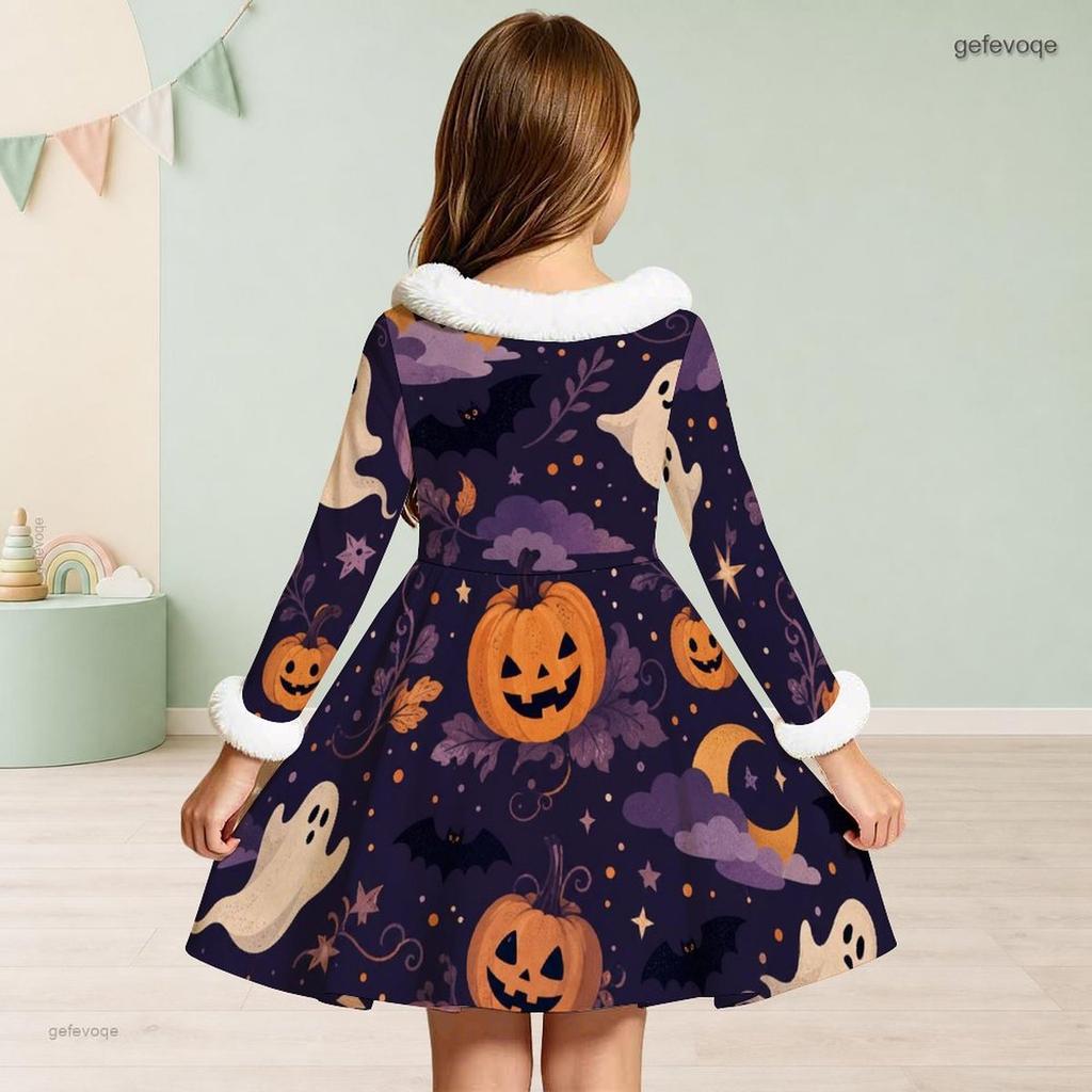 Girls High Neck Long Sleeve Furry Trim Printed Witch Frog Pattern A Line Flared Dress