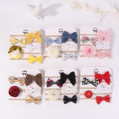 European and American Children's Bow Baby Headband Printed Flower Lace Combination Elastic Soft Nylon Strap Set