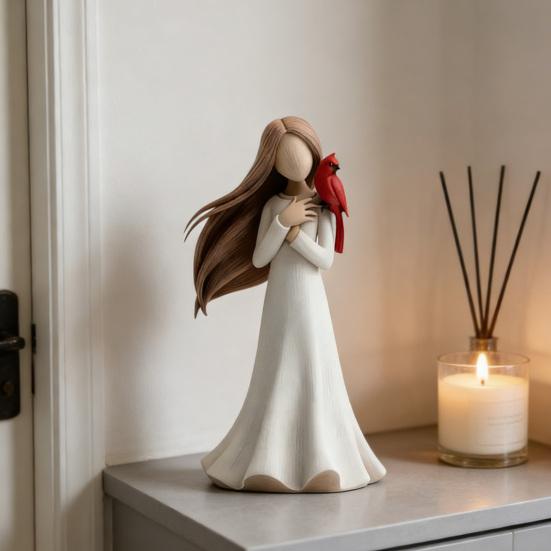 Figure Statue Girl Red Bird Decorative Figurine Smooth Texture Healing Aesthetic Design Home Desktop Ornament