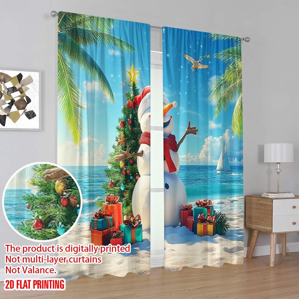 2pcs,2D Plane Printing Curtains Christmas Snowman Beach 100% Polyester (without Rod) Outdoor Decorations for Bedroom, Office,