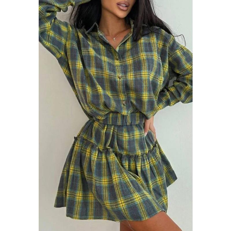 Women's Fashion Casual Plaid Skirt Lapel Loose Shirt Strap Pleated Skirt Two-piece Set