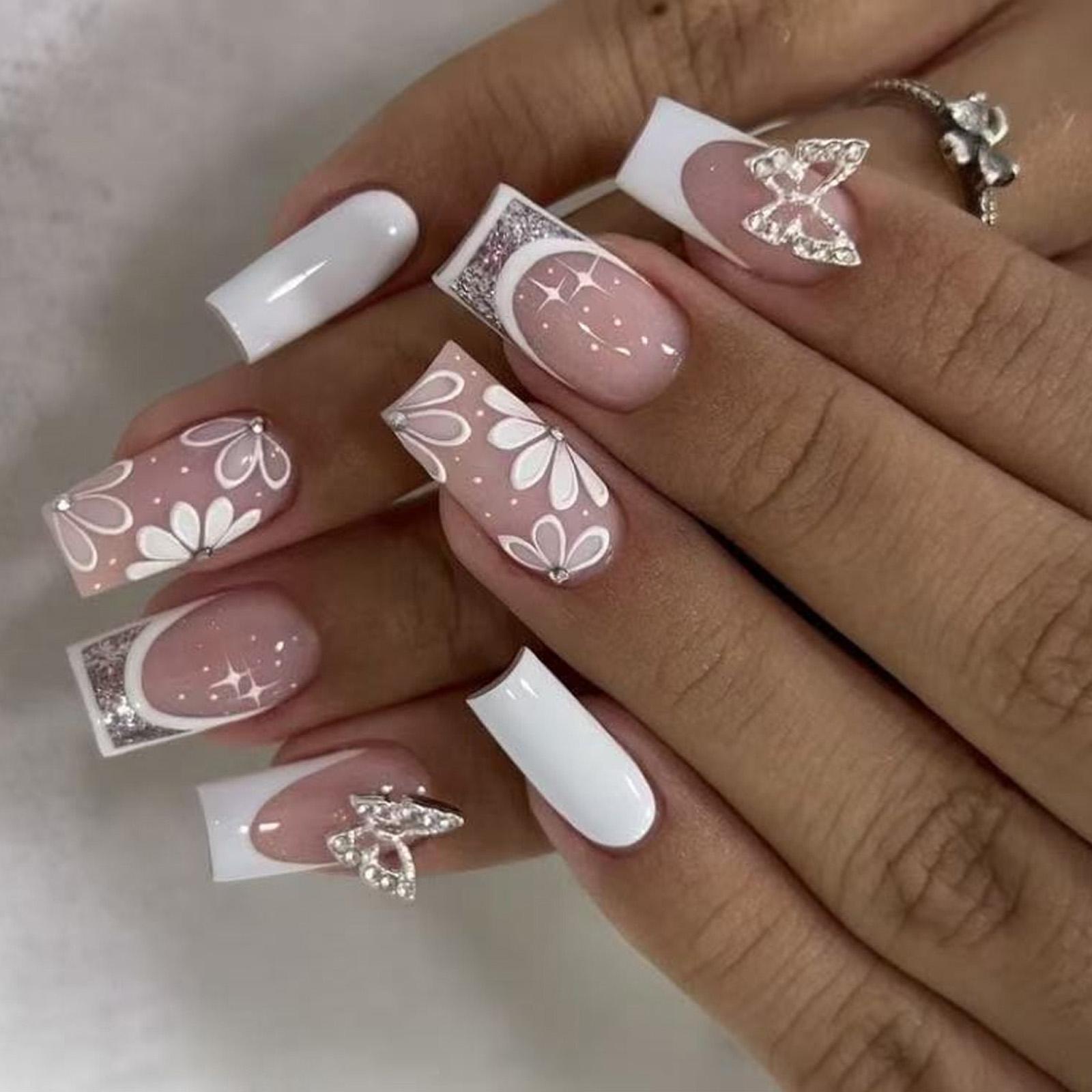 

24 штуки Французский стиль 3D стразы Дизайн бабочки Белые цветочные накладные ногти Акриловые ногти для модных женщин