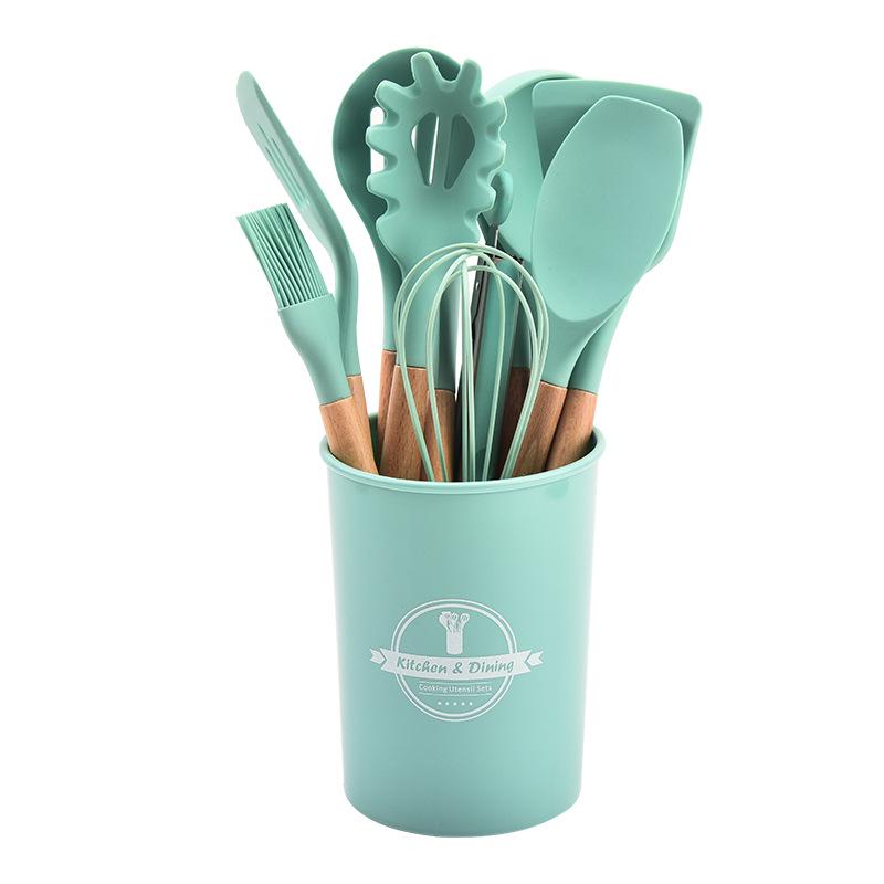 12-teiliges Silikon-Küchenutensilien-Set mit Holzgriffen und Aufbewahrung
