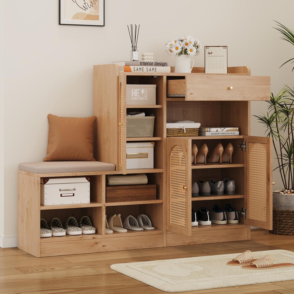 Schuhschrank mit gepolsterter Bank, 3 geflochtene Rattan-Türen und 1 Schublade, Aufbewahrungsschrank mit Schuhregal für Flur, Holzoptik, B142xT35xH110 cm