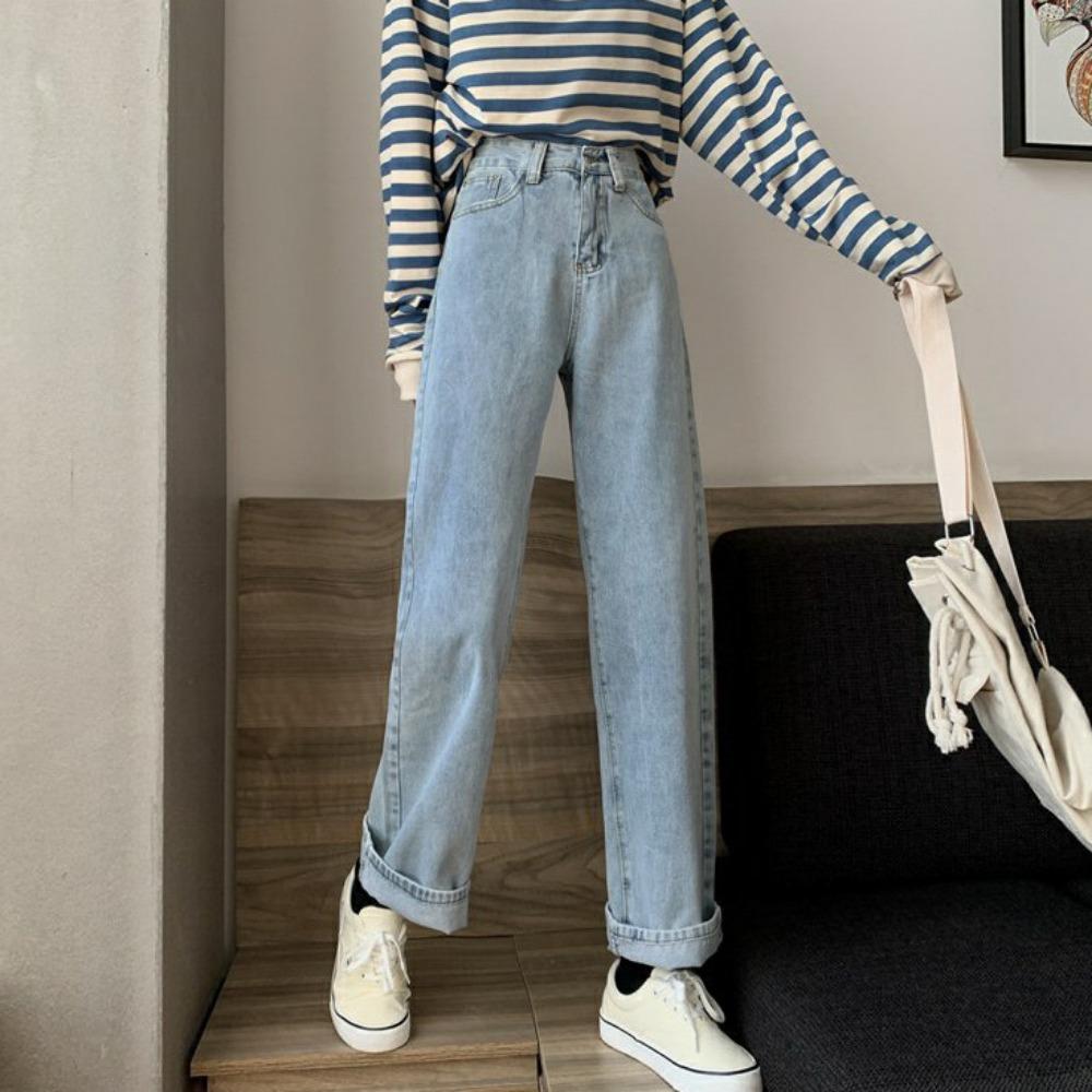 Korean Version of Chic Fashion New Versatile High-waisted Denim Straight-leg Pants Women's Loose and Thin Casual Wide-leg Trousers