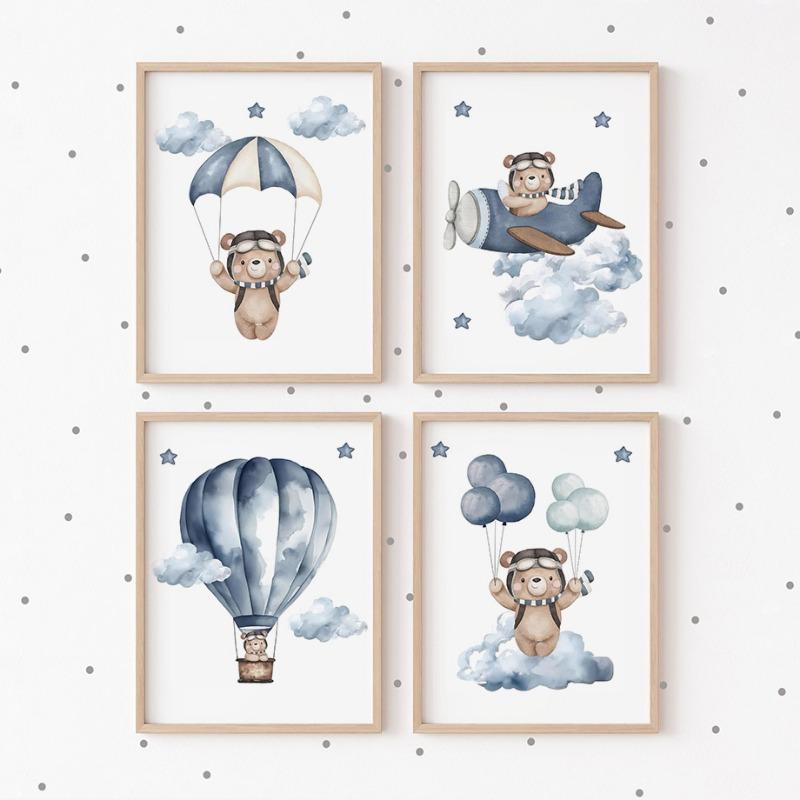 Boho Bear Aircraft Hot Air Balloon Cloud Nursery Posters Wall Art Print Canvas Painting Baby Kids Room Home Decoration Picture