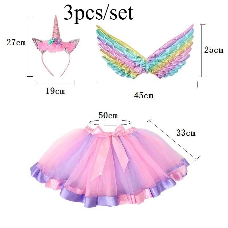 3pca/set Halloween Costume Set with Unicorn Horn Hairband and Angel Wings Polyester Tulle Party Performance Outfit for COS Play