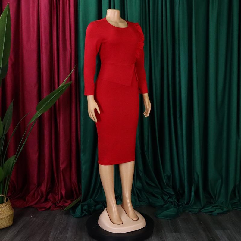Women Elegant Office Long Sleeve High Waist Solid Bodycon Pencil Midi Dress