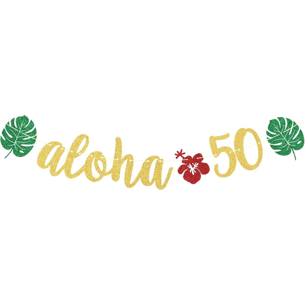 Aloha 50 Banner, Hawaiian 50th Birthday Decorations, Aloha Party Decorations, Tropical Luau Birthday Party Decorations, Palm Leaf Decorations Gold