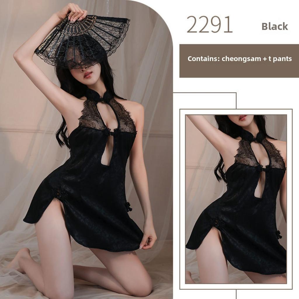Retro Cheongsam Free Sex Underwear Side Split Mesh Transparent Lace Large Size Uniform Temptation