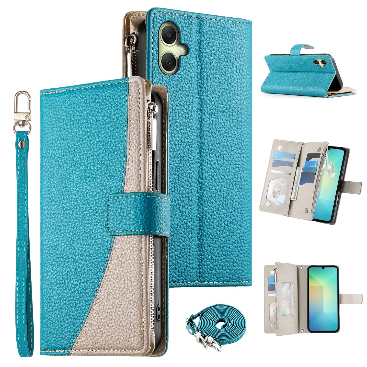 

For Samsung Galaxy A06 4G Case Zipper Wallet Color Splicing Leather Flip Phone Cover with Straps Lake Blue