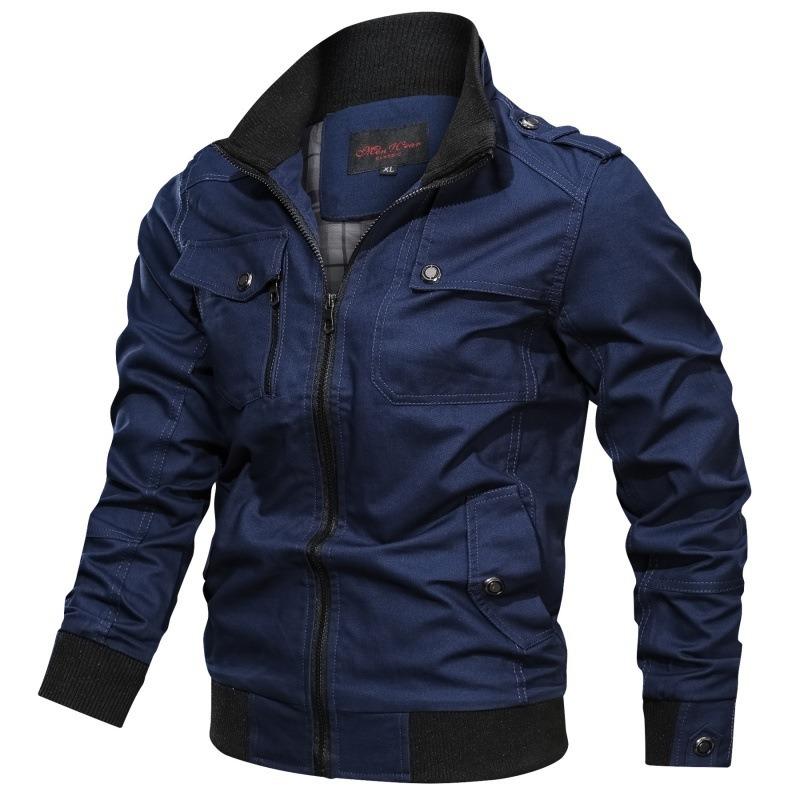 Casual solid color jacket zipper pocket stand-up collar large size coat men's pure cotton thin autumn top
