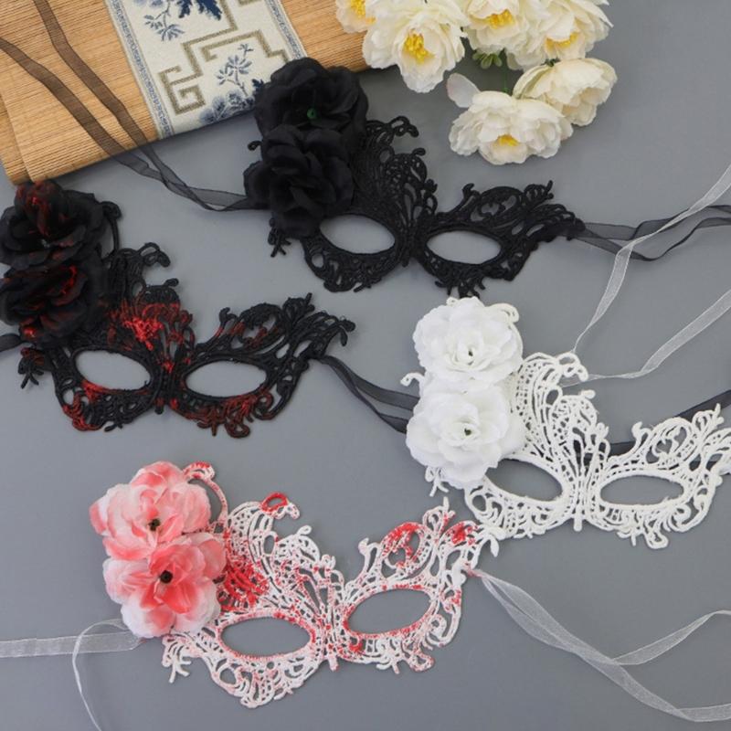 Elegant Lace Half Face Mask with Detachable Cats Ear Headband Hair Decors for Halloween Cosplay Costume Parties