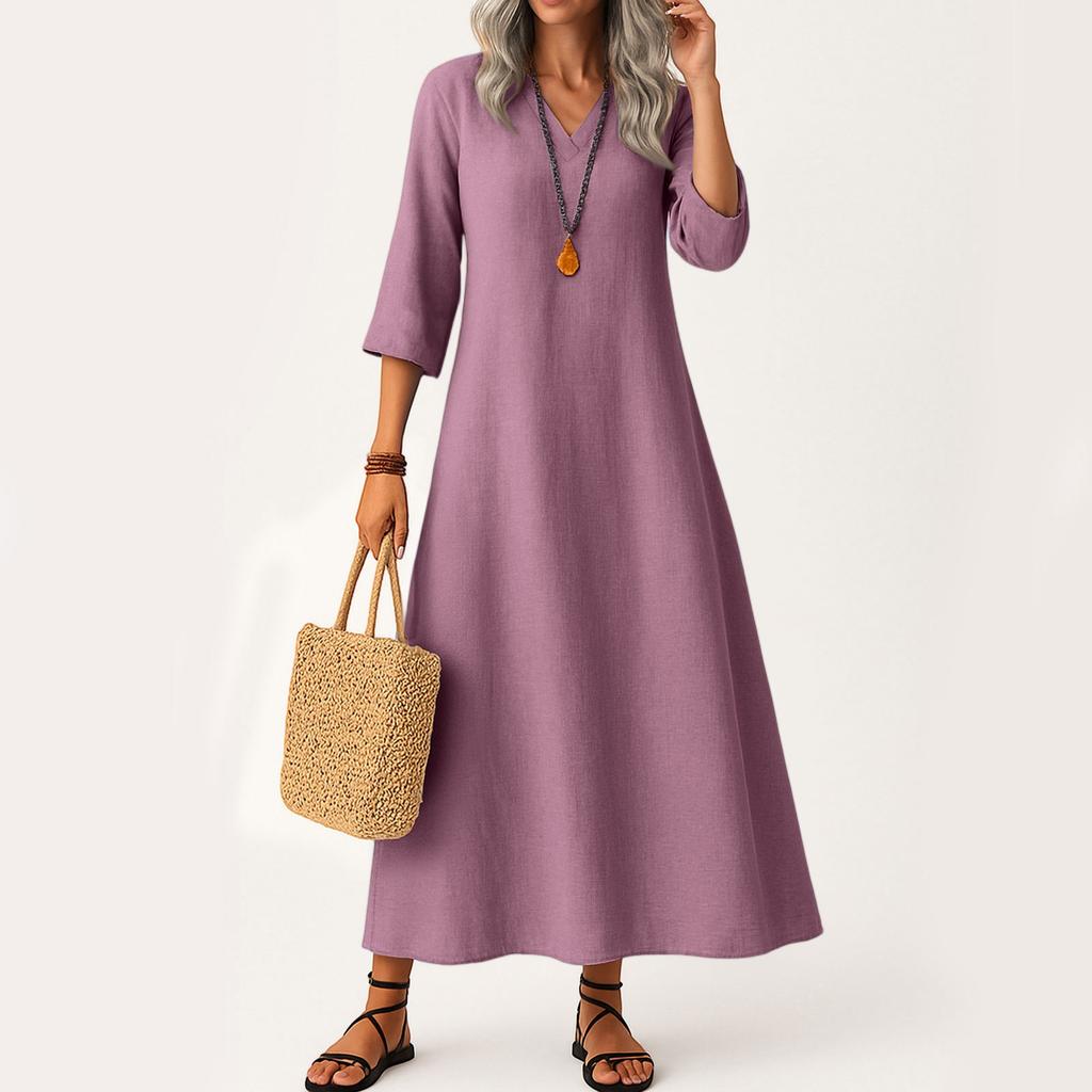 Dress For Women Long Boho Beach Dress Elegant Maxi Dress V-Neck 3/4 Sleeve Dress With Pockets