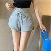 Hongkong Grau Freizeit Hose Damen Sommer High-Waist Shorts Kordelzug Sport Hose Design Sinn Schlitz Hotpants Gerade Hose