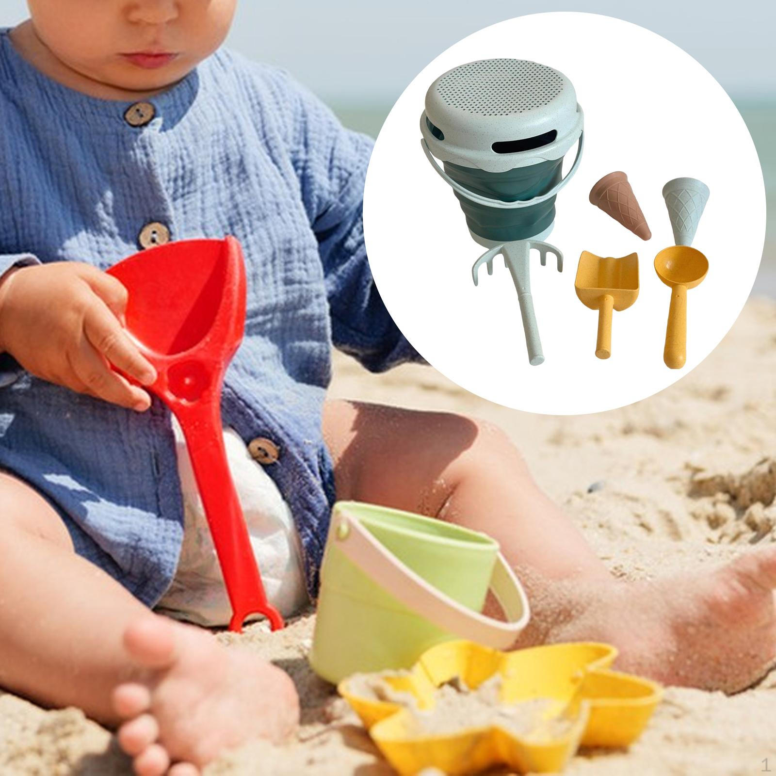 

Kids Beach Toys Playset Portable Summer Outing Sandbox Toy Foldable Bucket for Children Boys Gray and Blue