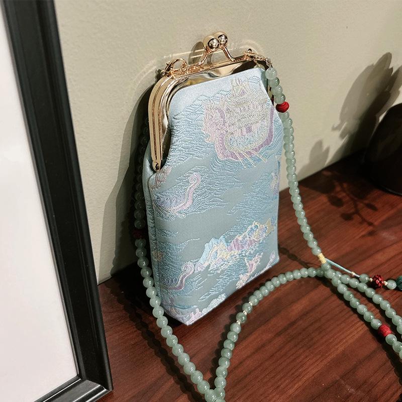 Chinese Style Mulberry Silk Kiss Lock Phone Bag - Ethnic Beaded Crossbody for Hanfu & Qipao