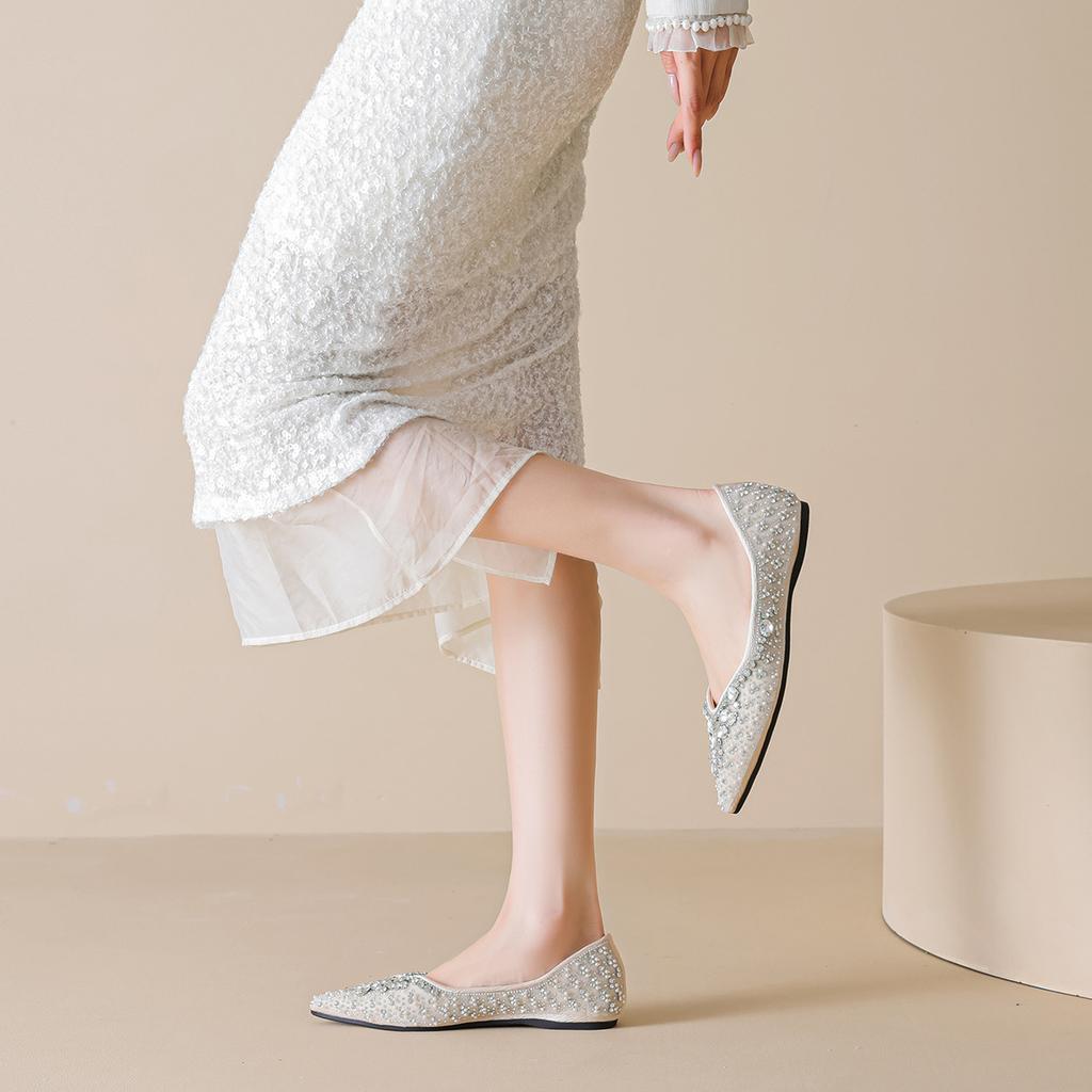 Weiwei Girl 5933-21 Square Head Flat-soled Single Shoes Women's Skirt Rhinestone Wedding Shoes Soft Soles Not Tired Feet Doudou Shoes