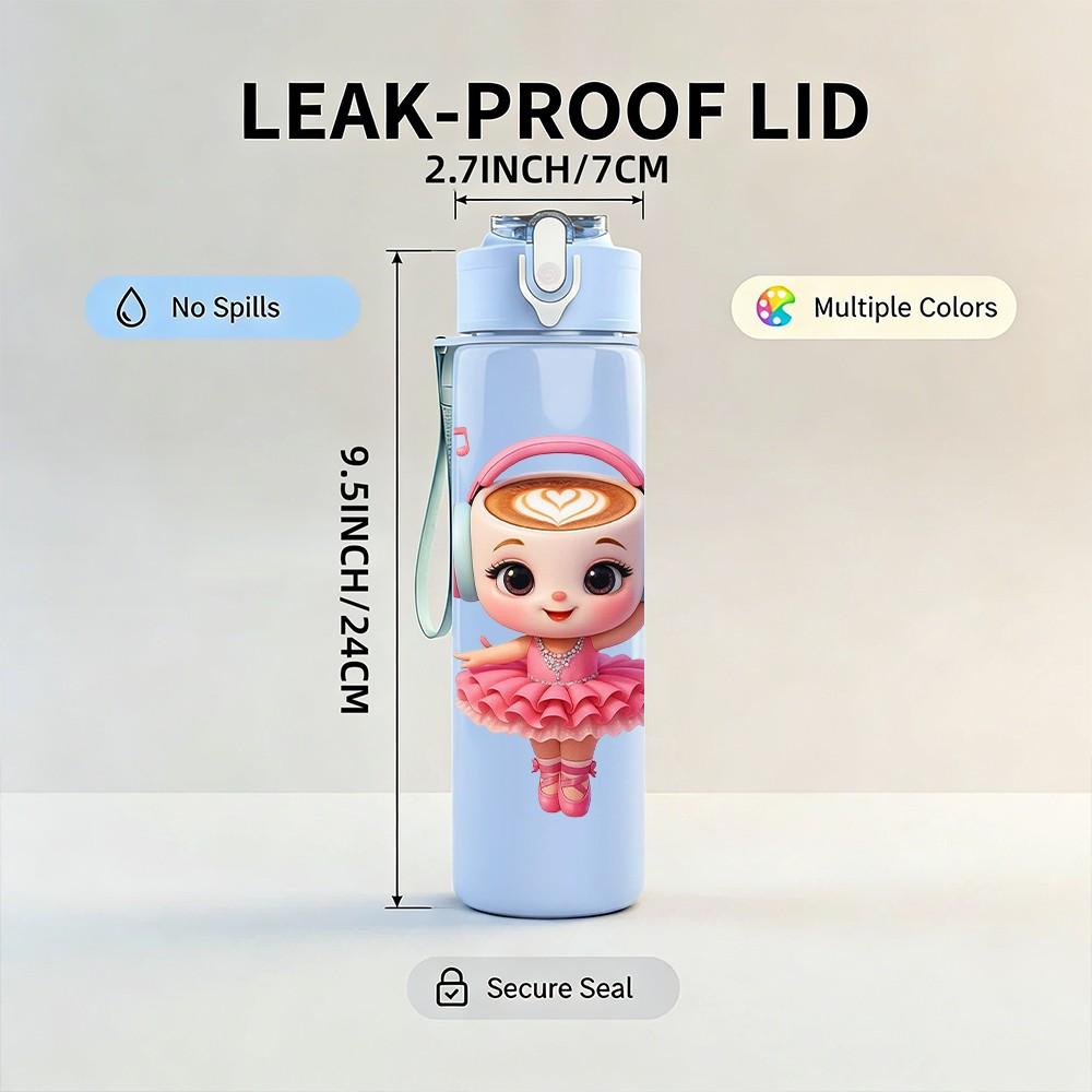 1PC Cute Doll Girl Character Pattern 750ml Color Plastic Sports Water Bottle Leakproof Flip Straw Lid Suitable for Sports Office Home Use