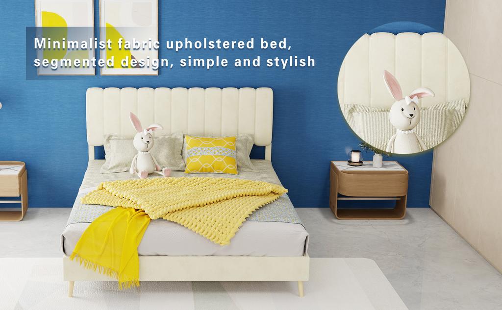 Modern Minimalist Upholstered Bed with Soft Headboard, beige, Low-Profile Base (Non-Storage Design), Included140*200cm mattress.
