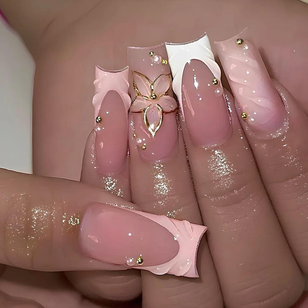 

24Pcs Mid-length Pink French Press On Nails, Full Cover Fake Nails with 3D Flower & Gold Pearl Decor for Women United States