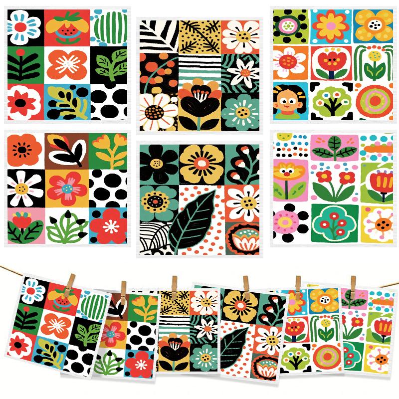 6PCS Cleaning Dishcloths Reusable Kitchen Dish Towels Retro Memphis Style Floral Cloth Absorbent Lint Free Dishcloth Washable Duster Rags Tea Towels
