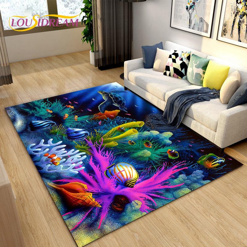 3D Underwater World Sea Turtle Dolphin Area Rug Large,Carpet Rug for Living Room Bedroom Sofa Doormat Kitchen,Non-slip Floor Mat