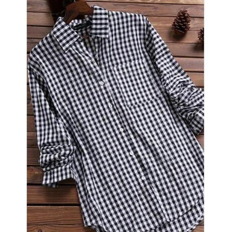 Retro Plaid Collar Long Sleeved Shirt for Women 100 Pure Cotton