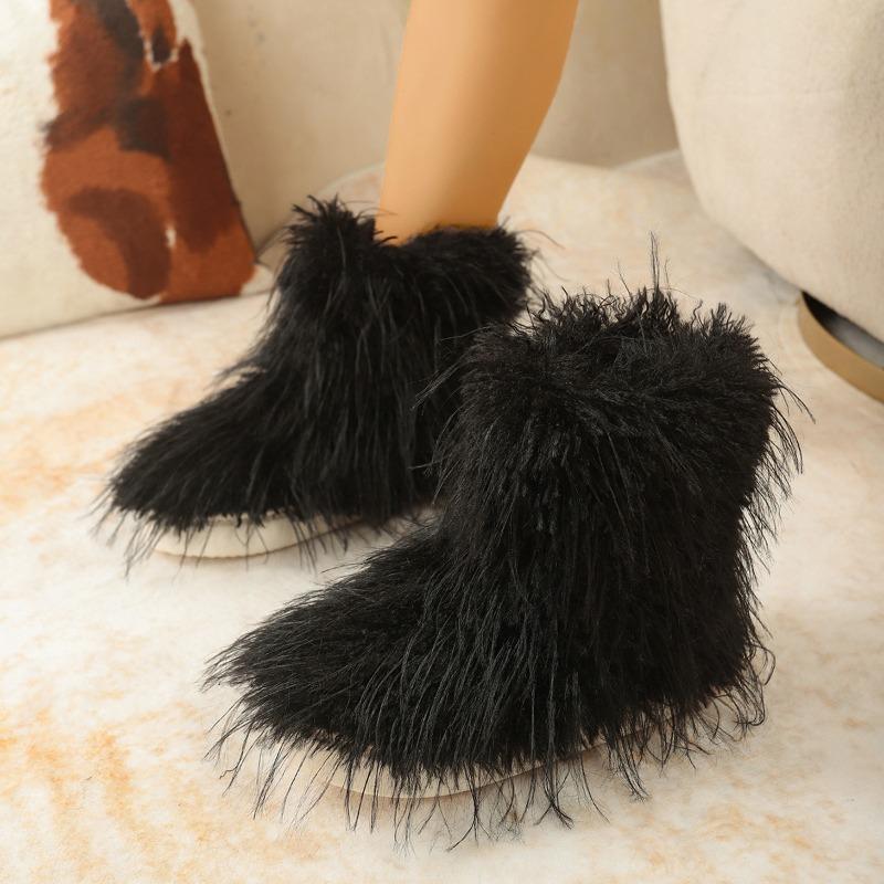 2025 Women Faux Fur Boots Winter Fluffy Plush Warm Mid Calf Snow Boots Luxury Fashion Furry Boots Comfortable Outdoor Flat Shoes
