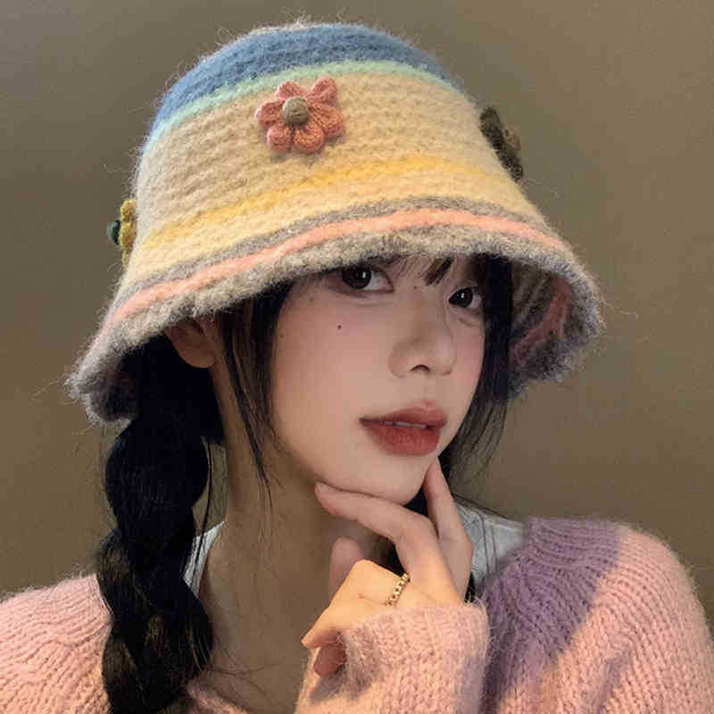 Sweet Flower Knitted Bucket Hat Women's Autumn and Winter Washbasin Hat Big Head Circumference Wool Hat Tide