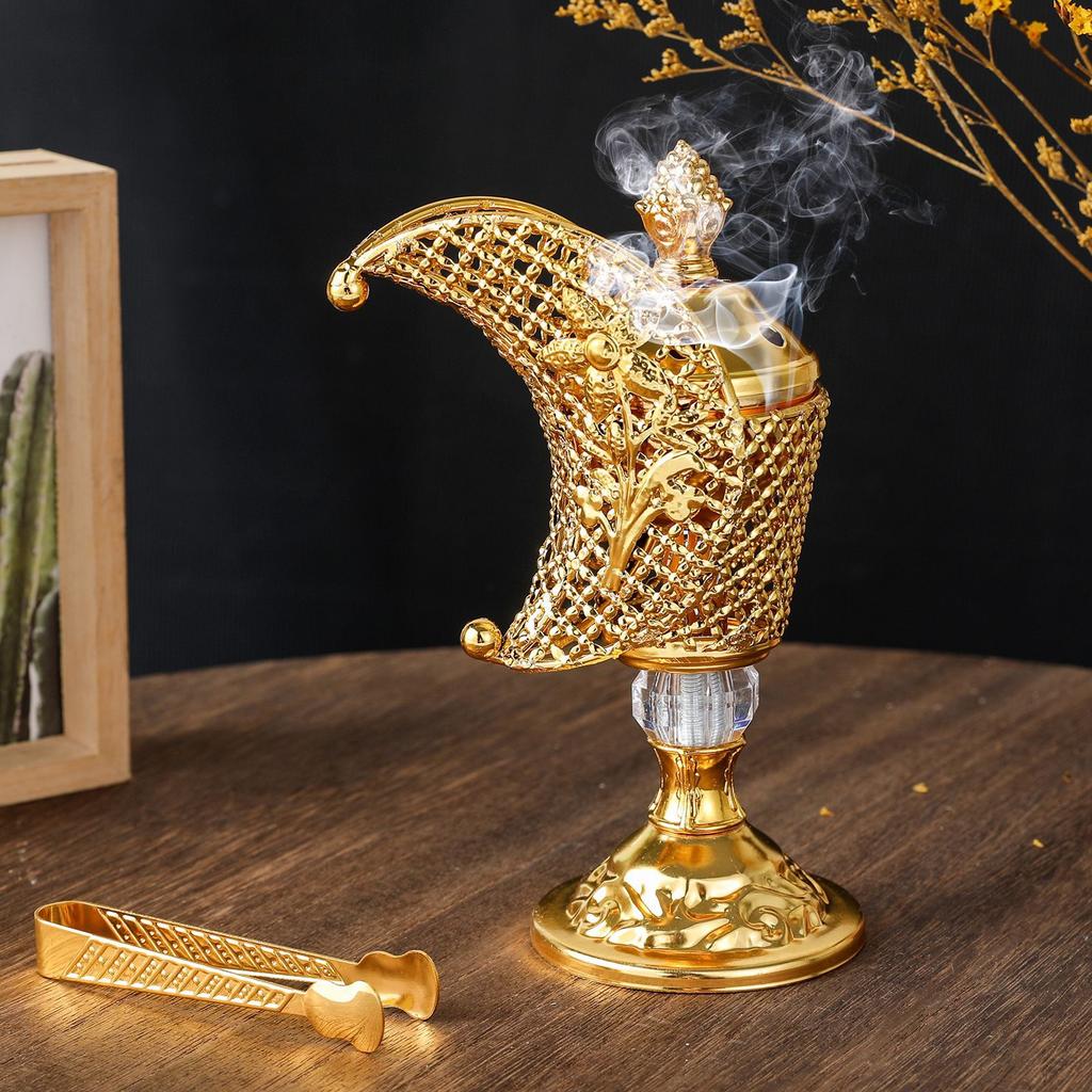 Golden Iron Hollow Moon Incense Burner, Middle Eastern Indoor Incense Burner, Arabic Desktop Decorative Incense Burner