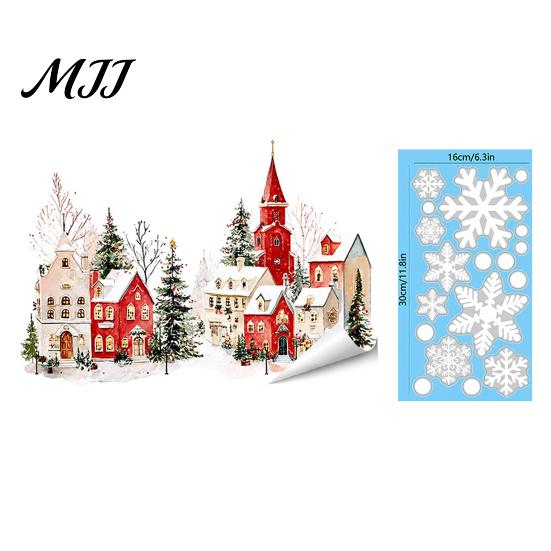 Indoor Outdoor Glass Decor Christmas Static Window Clings, Snowy Town House Snowflake Decals, Reusable Stickers Xmas Stickers, Holiday for Home