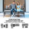 3 Piece Rattan Garden Furniture Corner Sofa Set with Chaise Lounge, Loveseat, Glass Coffee Table, Cushions, Dark Grey