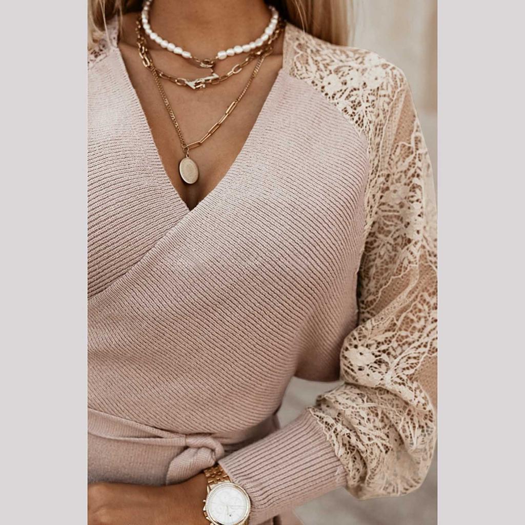 Women Dress  Color V-neck Bandage Lace Patchwork Long Sleeve Evening Dress